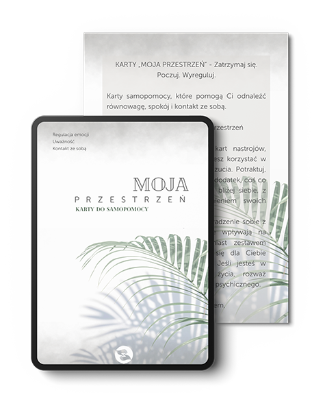 Mockup kart „Moja Przestrzeń” – zestaw kart samopomocowych wspierających uważność i regulację emocji.