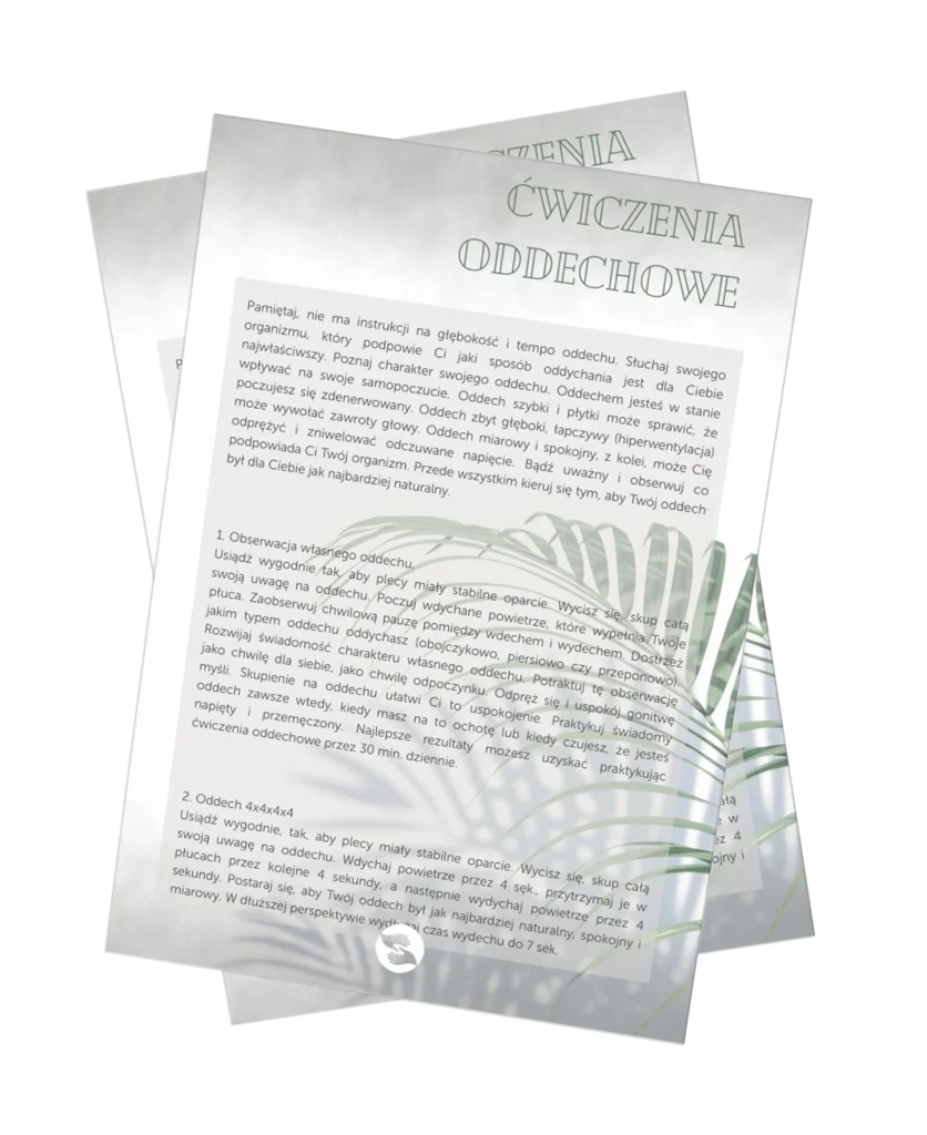 Okładka i fragment PDF-a z ćwiczeniami oddechowymi – materiał wspierający regulację emocji i uważność.